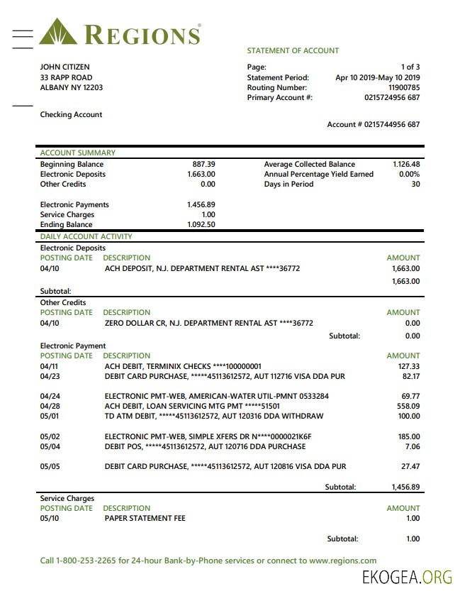Modèle de relevé de preuve d'adresse bancaire des régions des États Unis au format Word et PDF